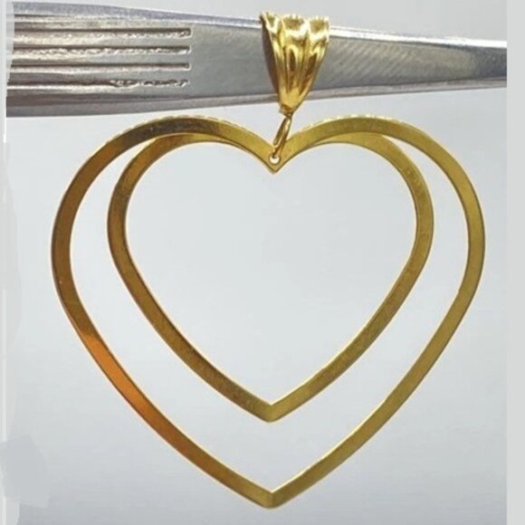 Pretty 14k Solid Gold Double Inlay Heart Pendant 14kt 1.6 gr Stamped - Picture 2 of 6